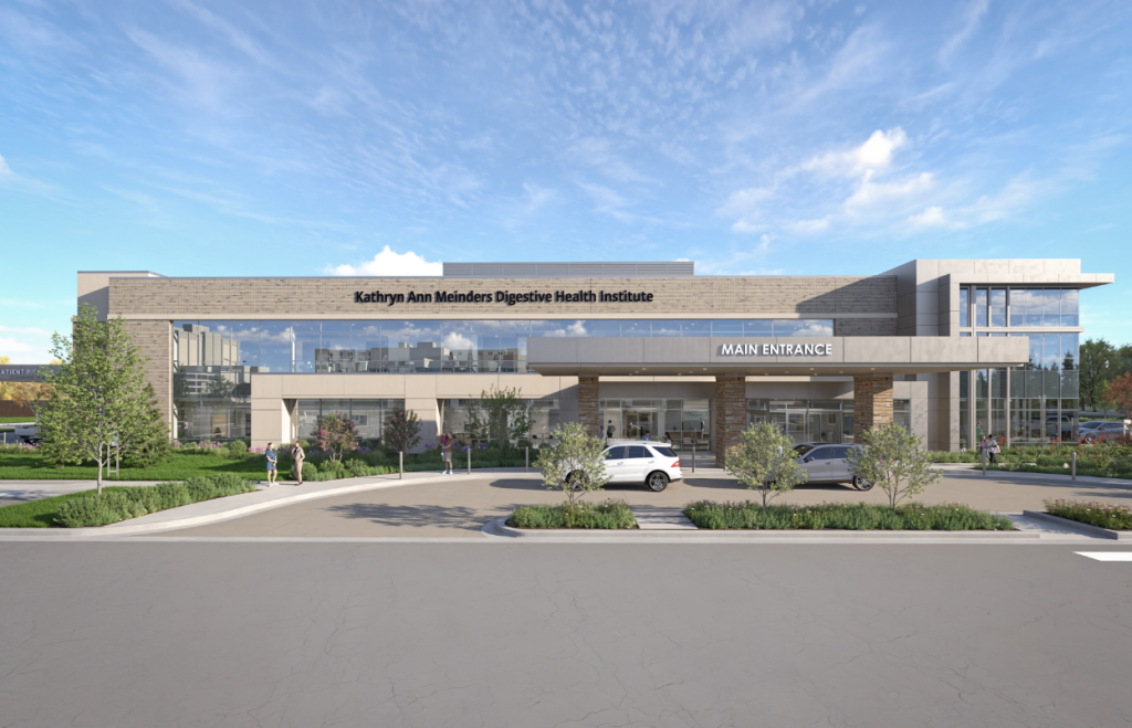 Rendering of the Kathryn Ann Meinders Digestive Health Institute, a two-story building with tan-colored brick and glass with green landscaping and a curving driveway