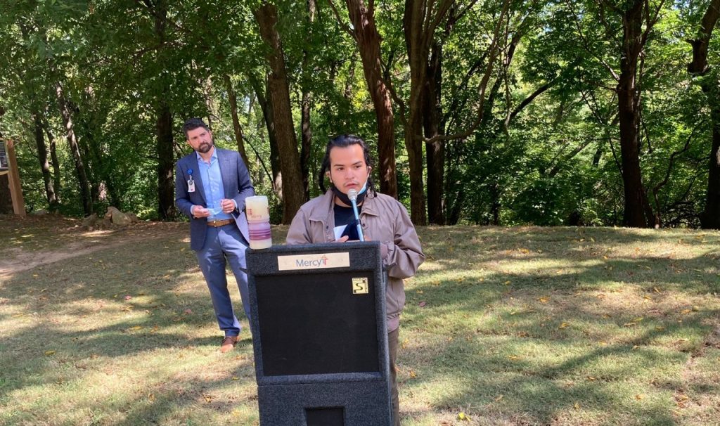 Artist Kenny  Arredondo speaks during  the Mercy Day Commitment Ceremony on Sept. 24, 2020.