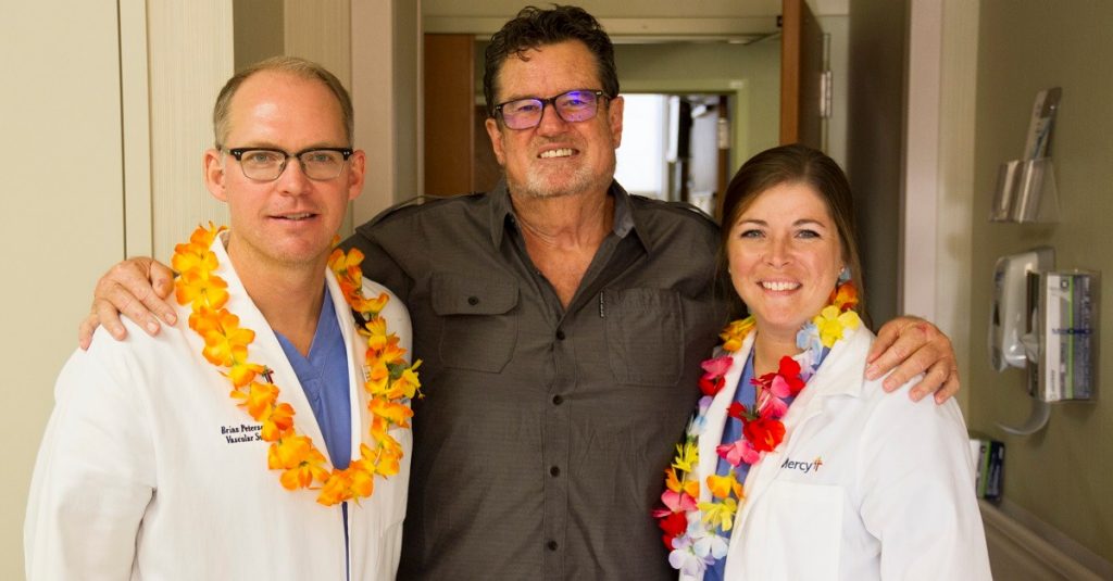 left to right: Brian Peterson, MD, Mercy Clinic vascular surgeon; Michael Jackson, aneurysm patient; and Lesley Endermuhle, FNP-C, Mercy Clinic nurse practitioner.