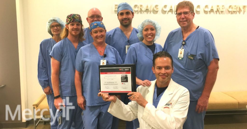 Dr. Jose De Hoyas and several members of the cardiology team represent just some of the co-workers who helped Mercy Hospital Joplin receive the American Heart Association's Mission: Lifeline® Silver Receiving Quality Achievement Award.